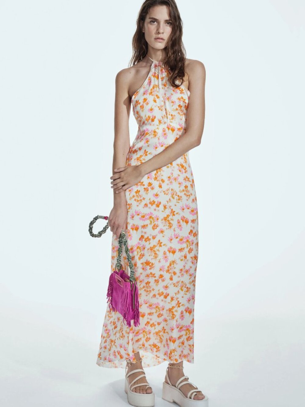 MAJE Rispring Maxi Dress Luxe Floral Airy Satin Halter Gown Party Flowy Stunner - Picture 9 of 16